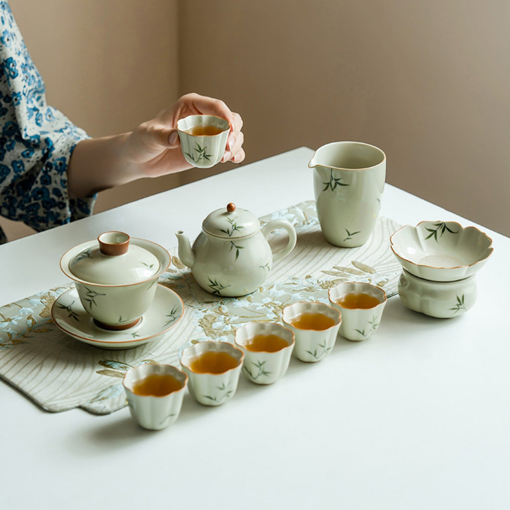 Hand-painted bamboo Gongfu tea set styled for a modern Chinese tea table