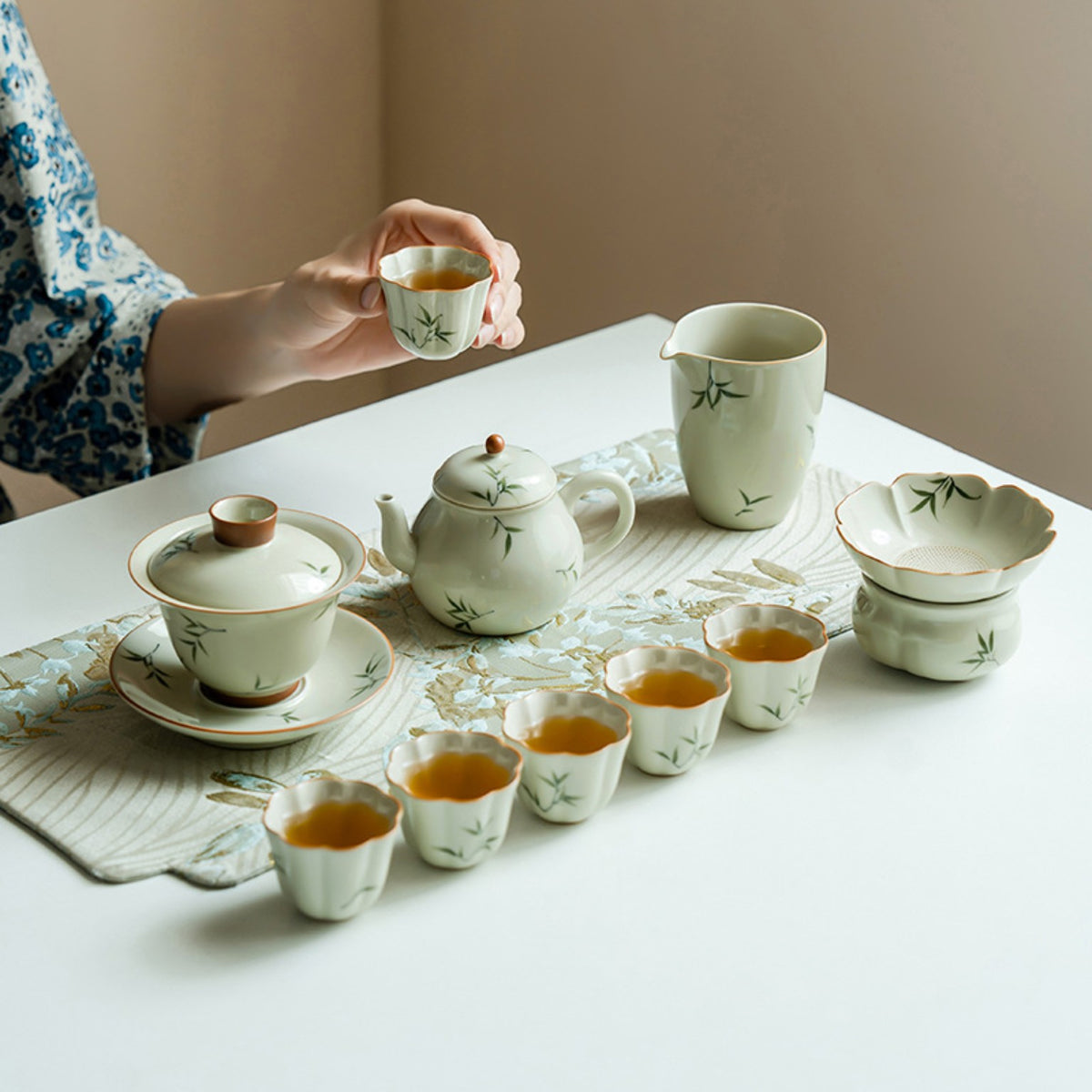 Hand-painted bamboo Gongfu tea set styled for a modern Chinese tea table