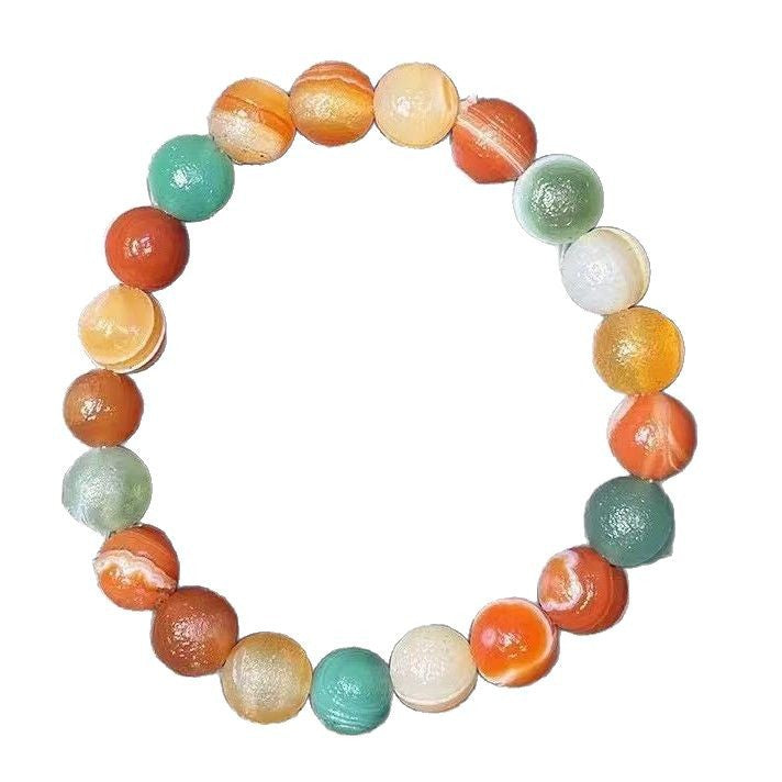 Banded agate bead bracelet with warm orange olive cream and brown tones