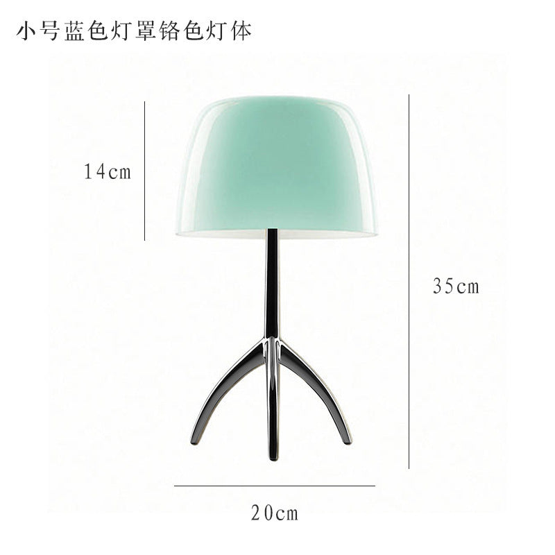 Small mint blue Bauhaus glass tripod lamp 20cm wide by 35cm high