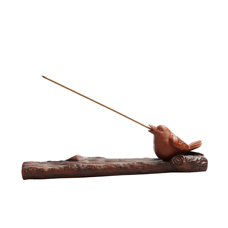 Bird incense stick holder on sculpted log tray, 23 cm style