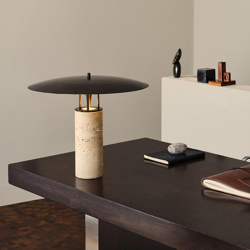 Black disc travertine table lamp in minimalist living room