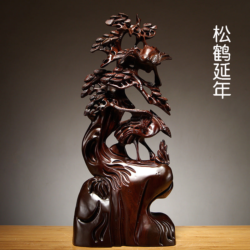 Black ebony trade-name wood Song He Yan Nian pine and crane root carving sculpture symbolizing longevity in Chinese decorative tradition