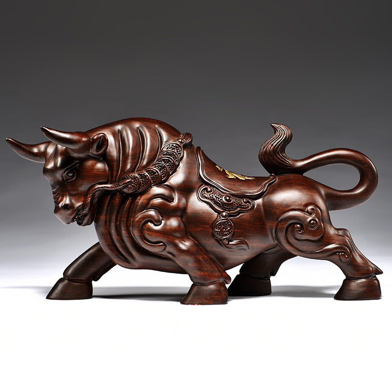 Black ebony wood carved Wall Street Bull sculpture for finance office desk and business decor