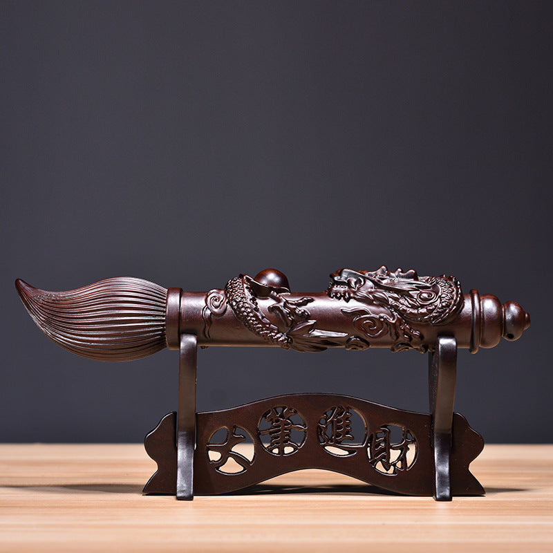 Black ebony wood Wenchang brush sculpture with dragon carving and Da Bi Jin Cai prosperity base
