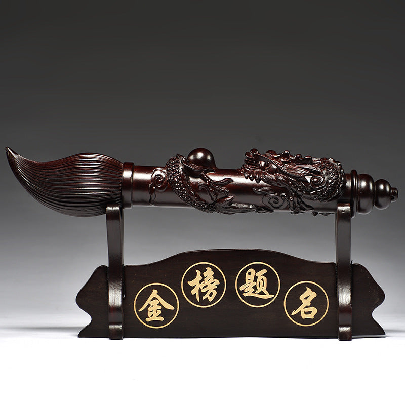 Black ebony wood Wenchang brush sculpture with dragon carving and Jin Bang Ti Ming scholarly success base