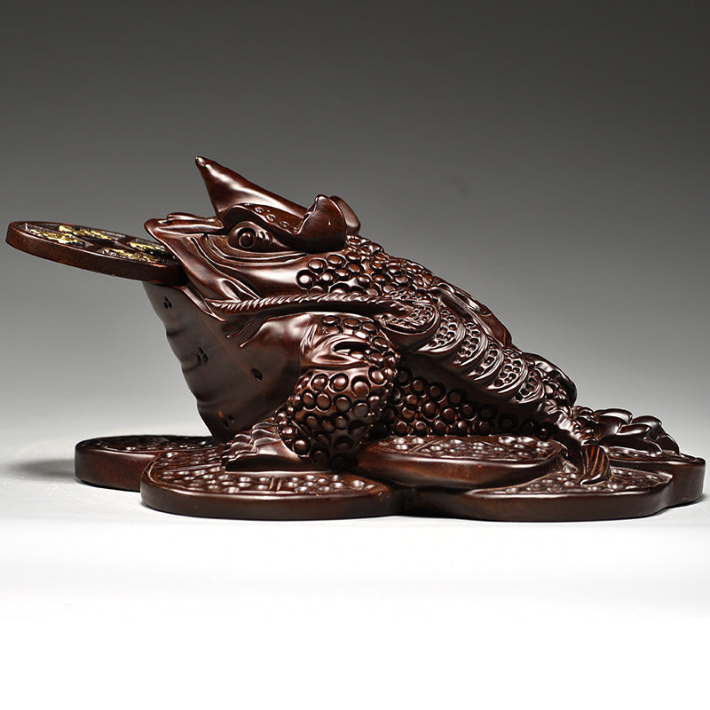Black ebony wood Jin Chan three-legged money toad sculpture on carved coin base for Chinese Feng Shui inspired office and entrance decor