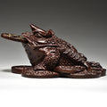 Black ebony wood Jin Chan three-legged money toad sculpture on carved coin base for Chinese Feng Shui inspired office and entrance decor