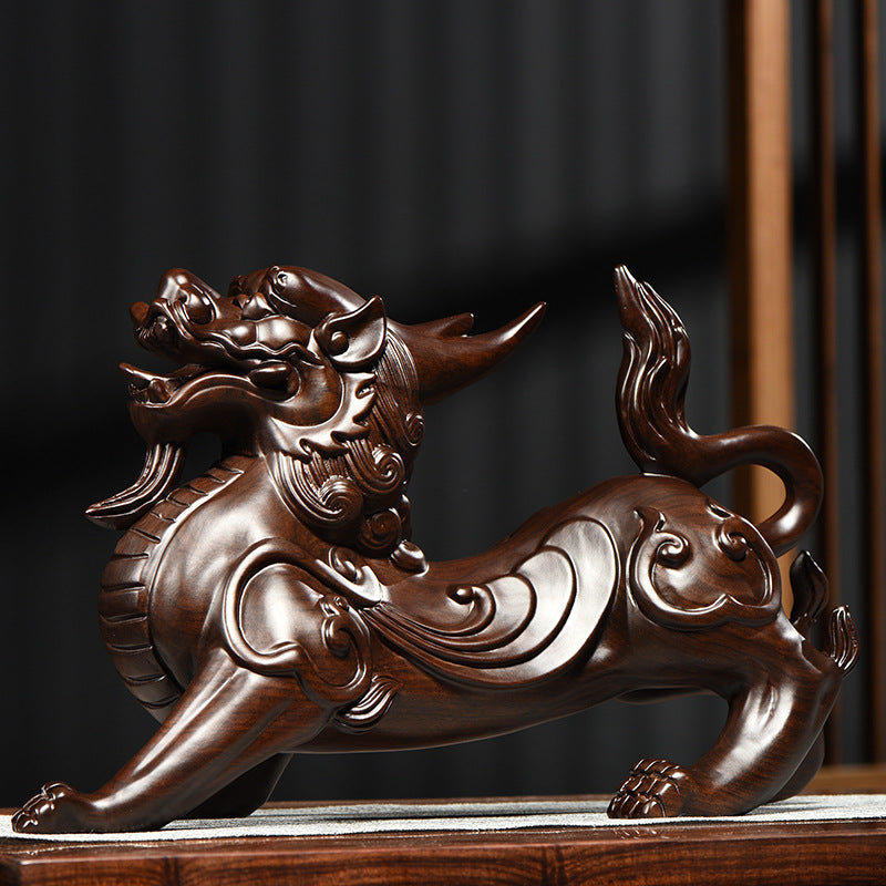 Hand-carved black ebony wood Pixiu auspicious beast sculpture for Chinese Feng Shui home and office decor