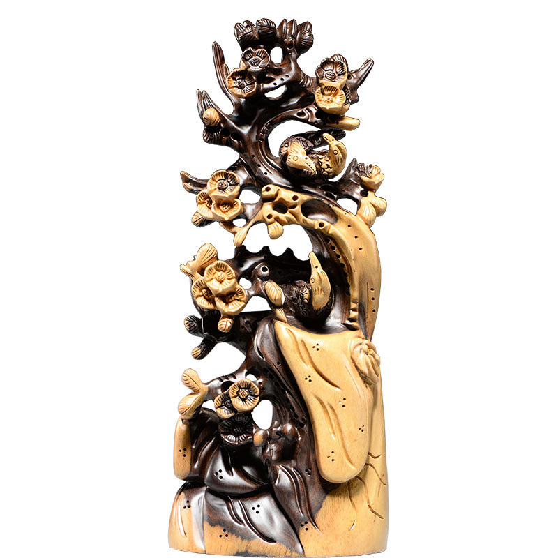 Black ebony trade-name wood Xi Shang Mei Shao magpie and plum blossom root carving sculpture for Chinese auspicious home and office decor