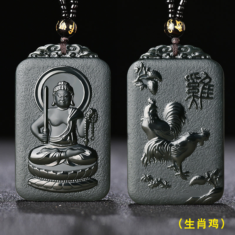 Black Hetian jade guardian Buddha pendant with detailed relief carving