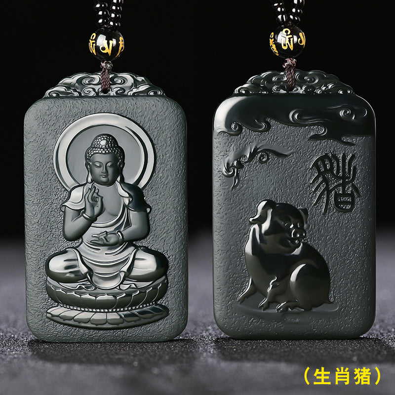 Certified black Hetian jade Amitabha zodiac guardian pendant front and back
