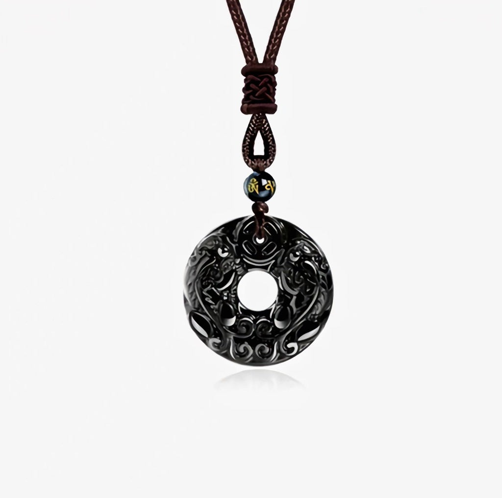 Carved black obsidian double Pixiu peace buckle pendant