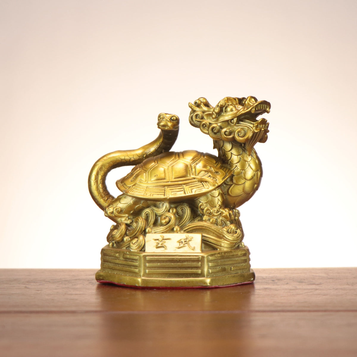 Black Tortoise Xuanwu with serpent Chinese guardian beast sculpture in antique gold finish
