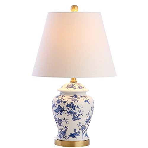 Blue hand-painted porcelain ginger jar table lamp with white fabric shade