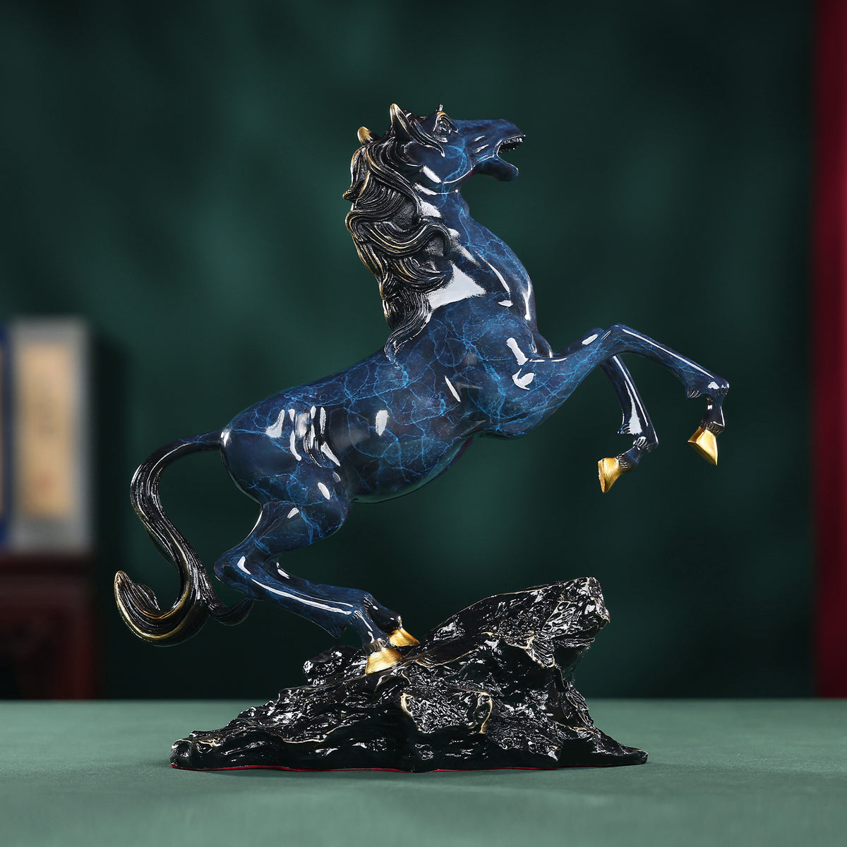 Blue patina copper rearing horse Ma Dao Cheng Gong sculpture on rocky base