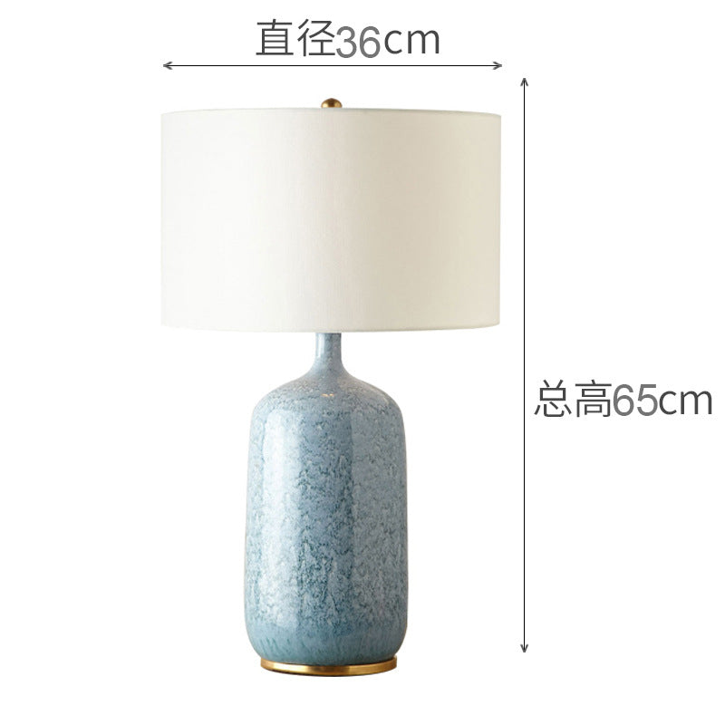 Blue crackle ceramic lamp showing approximately 65 cm height and 36 cm shade diameter