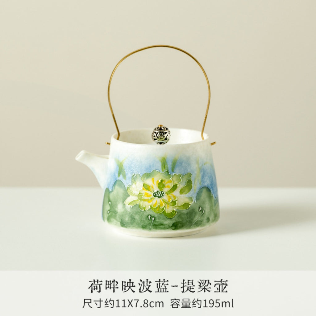 Blue and green lotus ceramic lift-handle teapot, 195ml