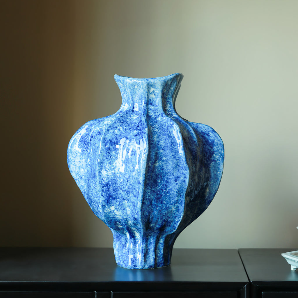 Glossy blue sculptural vase for console table and entryway decor