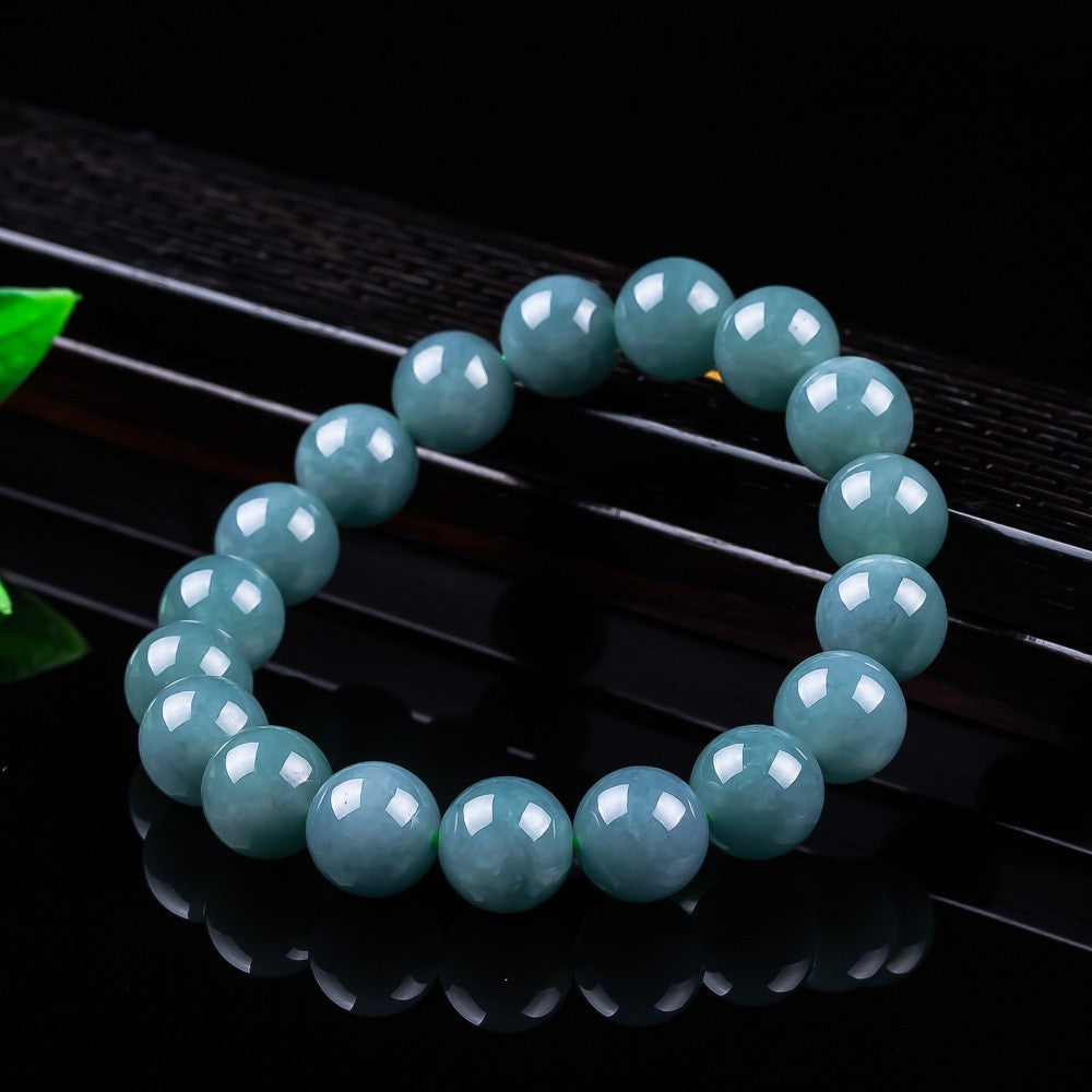 Certified jadeite blue bead bracelet lifestyle detail