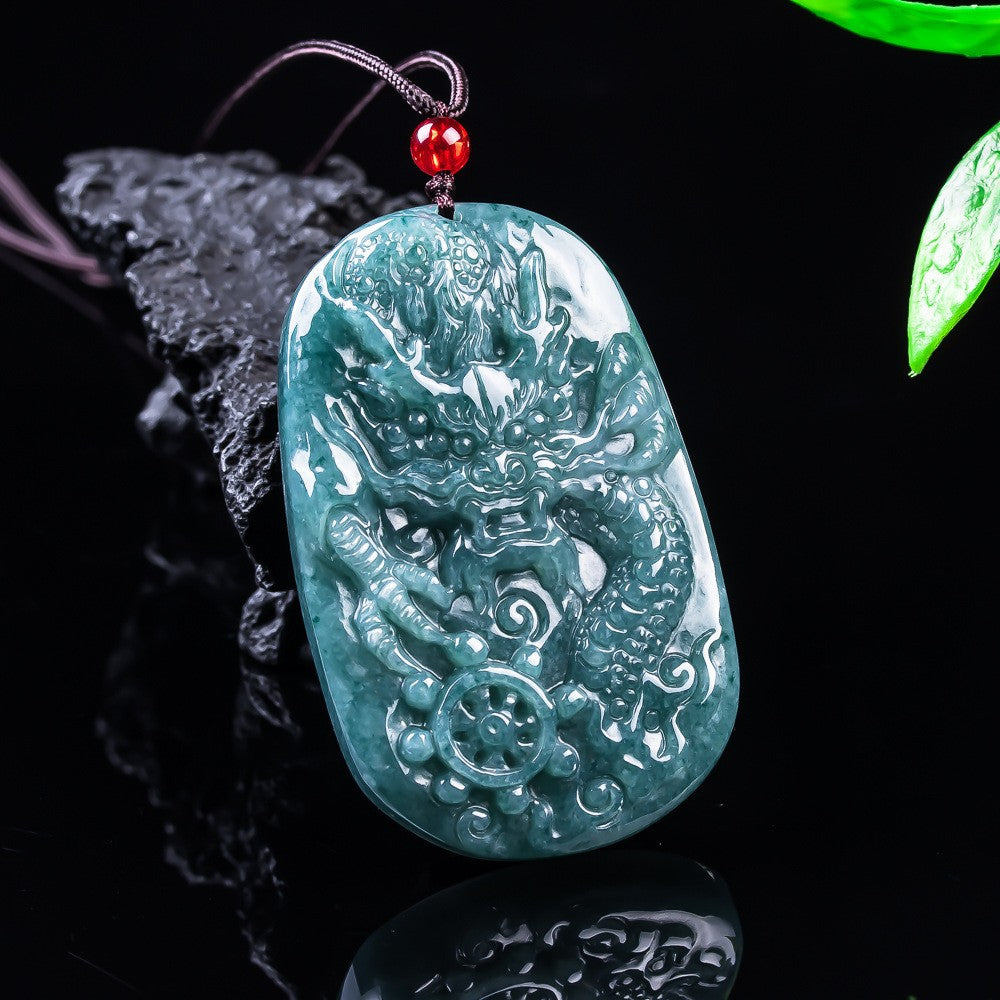 Certified natural Grade A blue water jadeite dragon pendant, front relief view