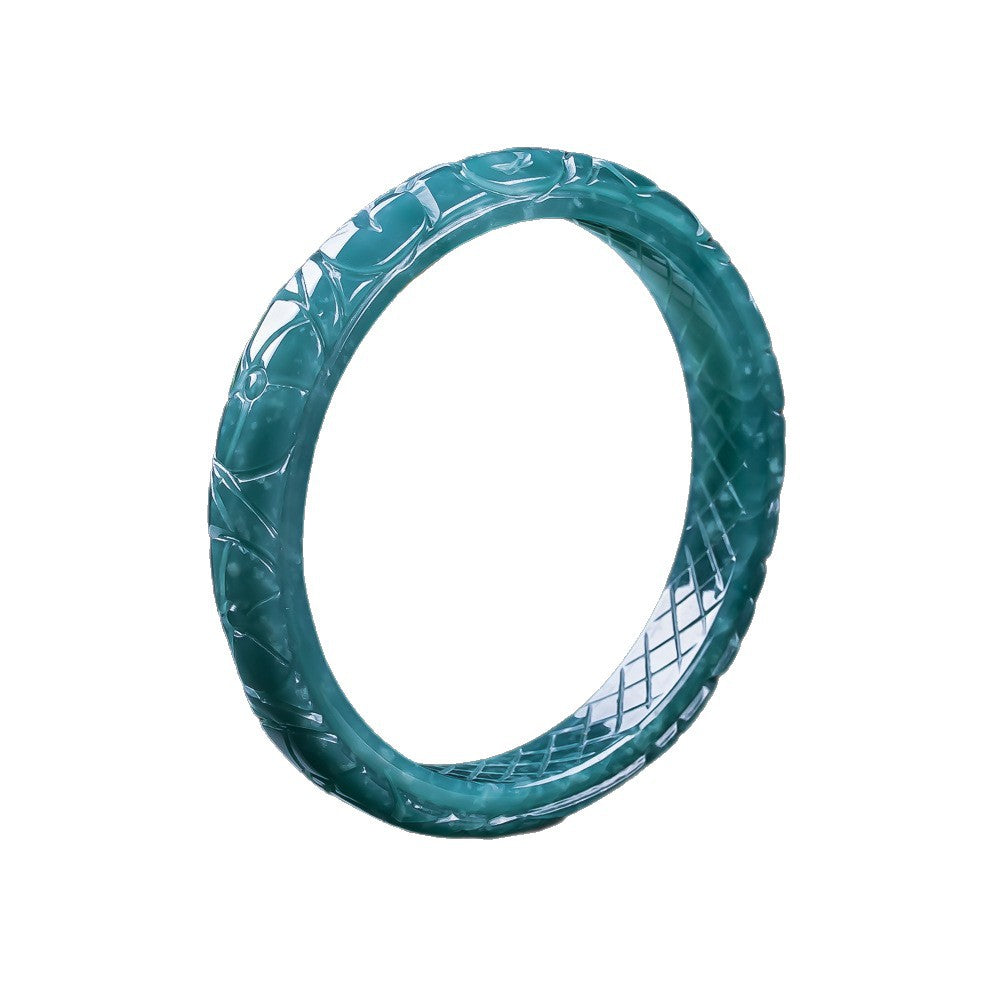 Blue water jadeite bangle with hand-carved dragon phoenix relief detail