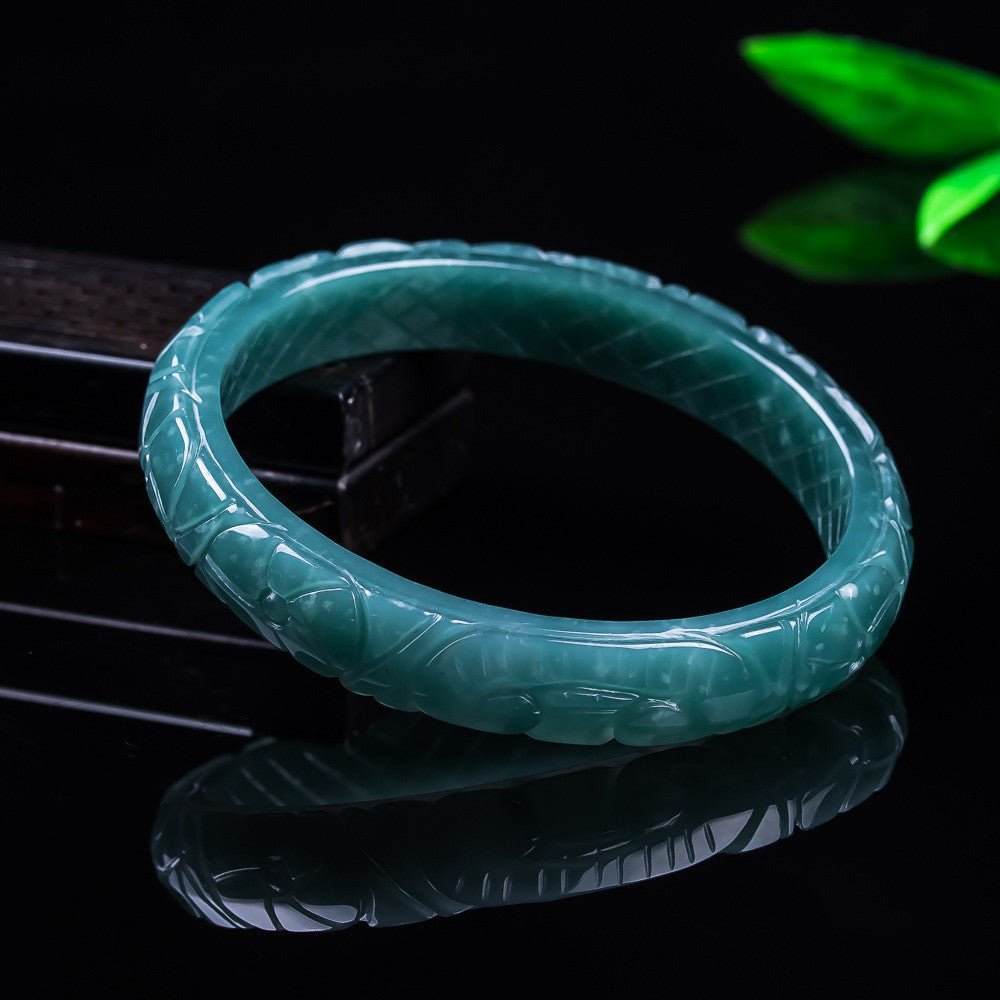 Natural blue green jadeite carved bangle polished side view