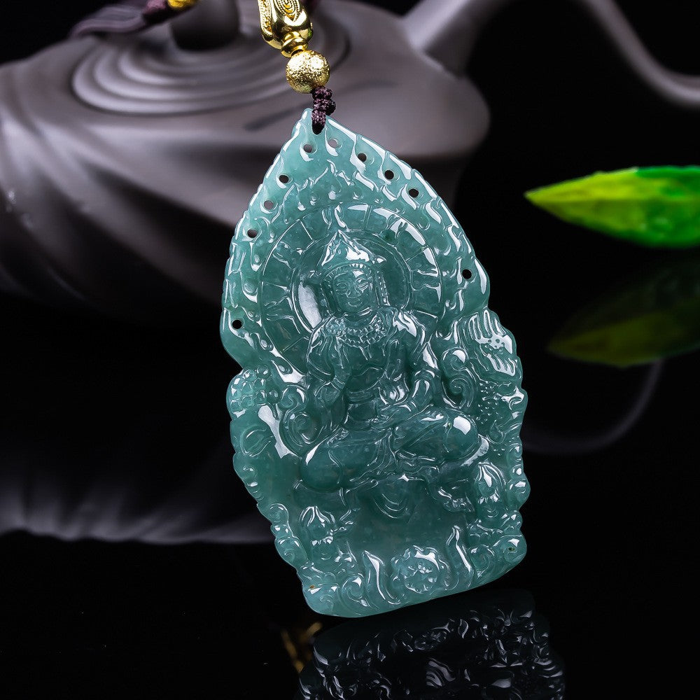 Certified natural Grade A blue water jadeite Flame Guanyin pendant front view