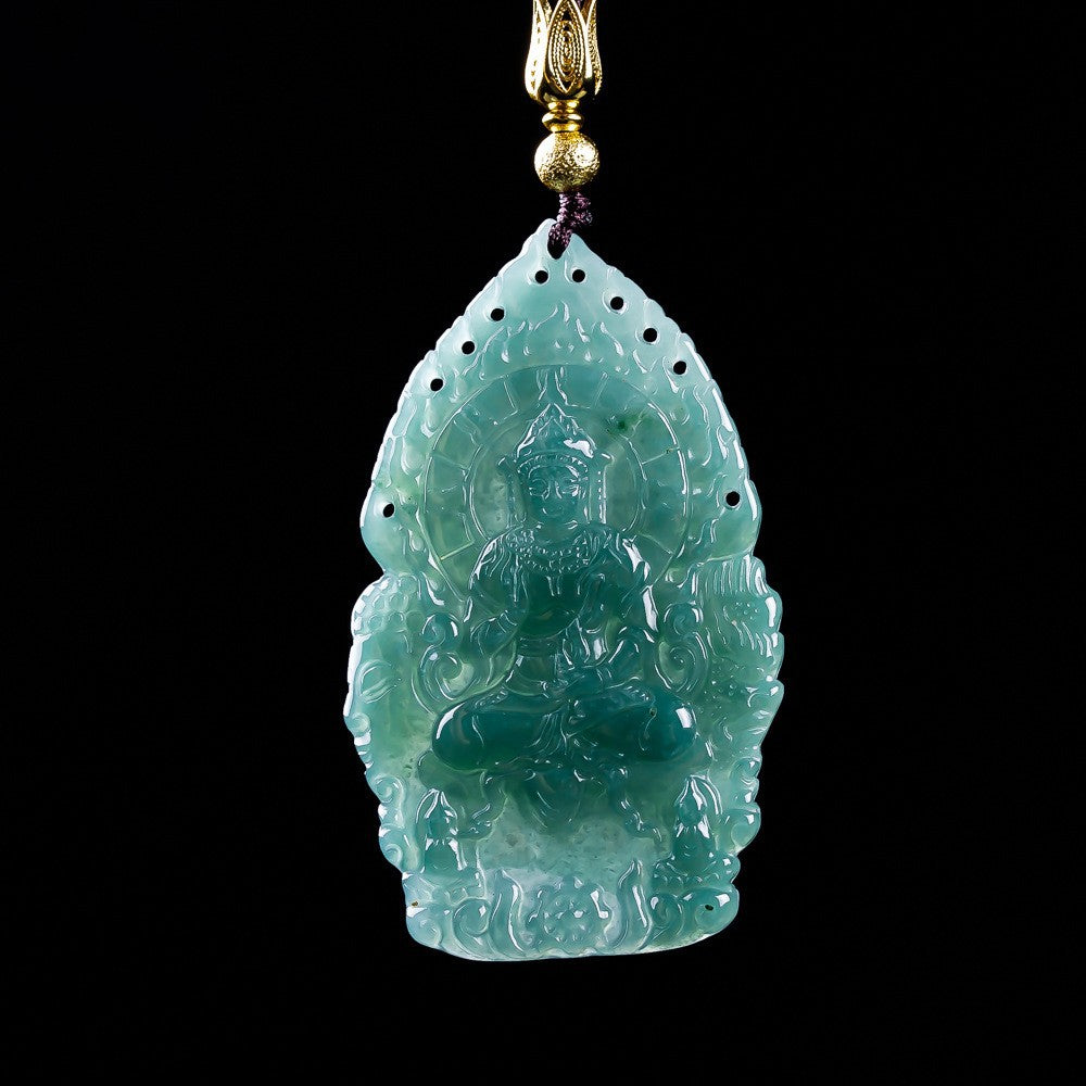 Blue water jadeite Guanyin pendant showing halo and lotus relief carving