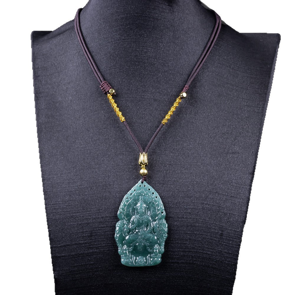 Natural jadeite Guanyin carving polished detail and pierced flame border