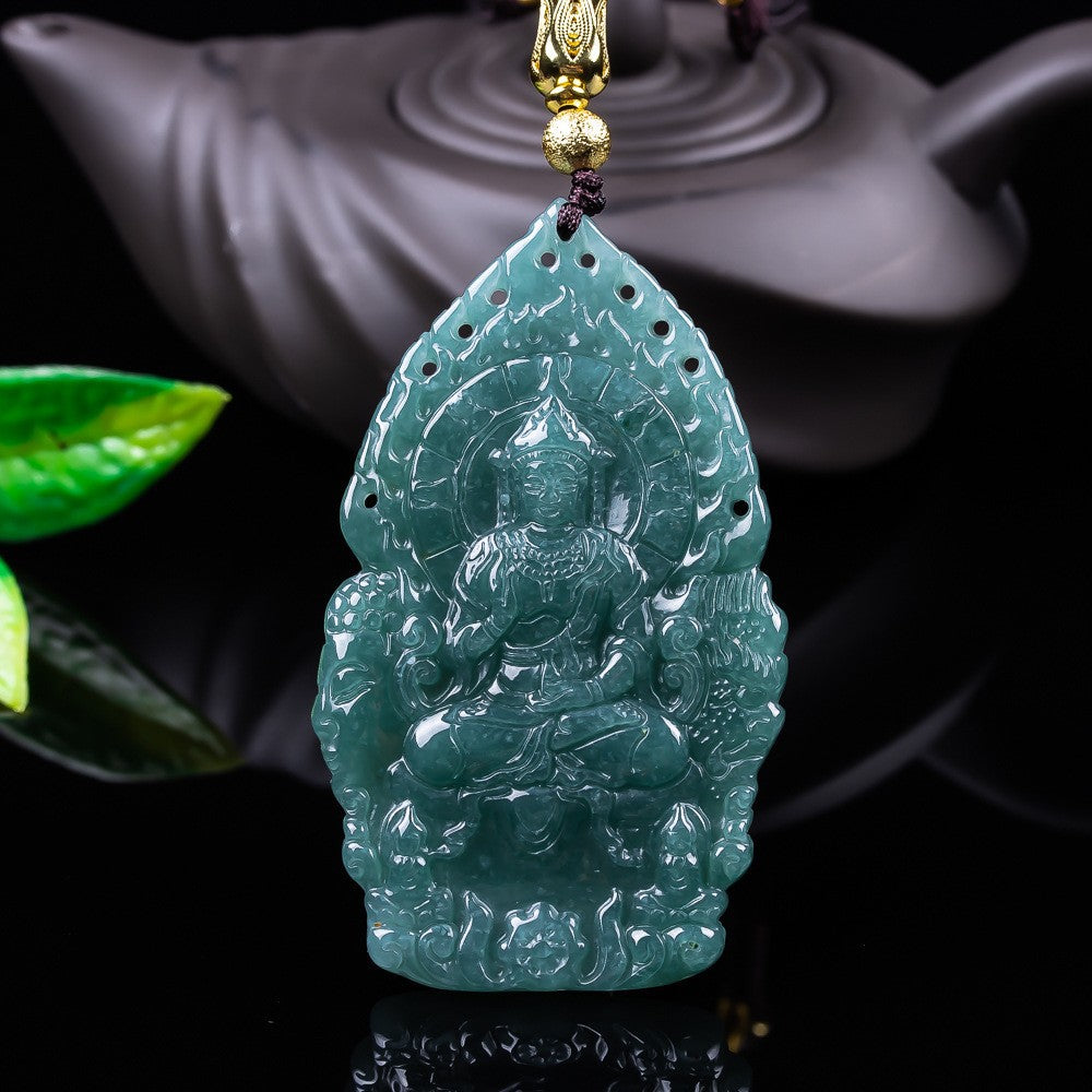 67 mm carved jadeite Guanyin pendant with ornate hanging cord