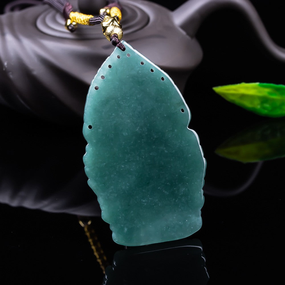 Certified blue green jadeite Avalokitesvara pendant close-up