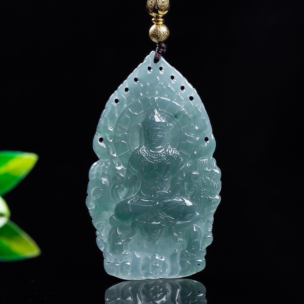 Grade A jadeite Flame Guanyin pendant product view under light