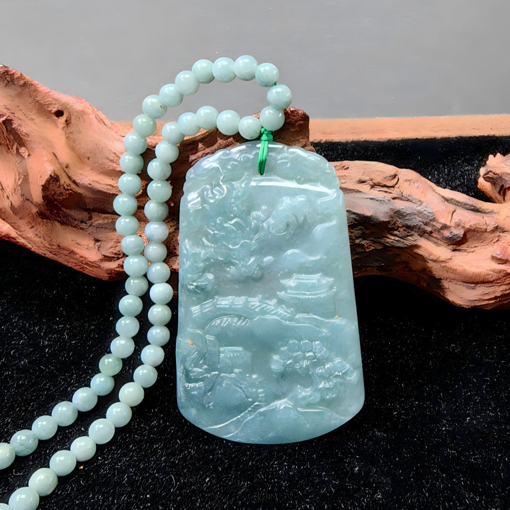 Certified natural Grade A blue water jadeite landscape dragon plaque pendant with bead necklace
