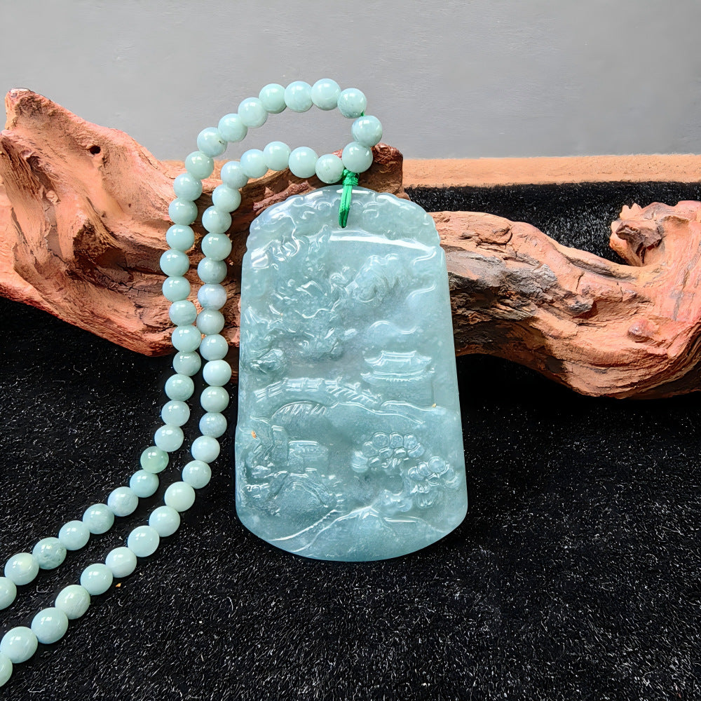 Natural Grade A jadeite scenic plaque polished carving detail