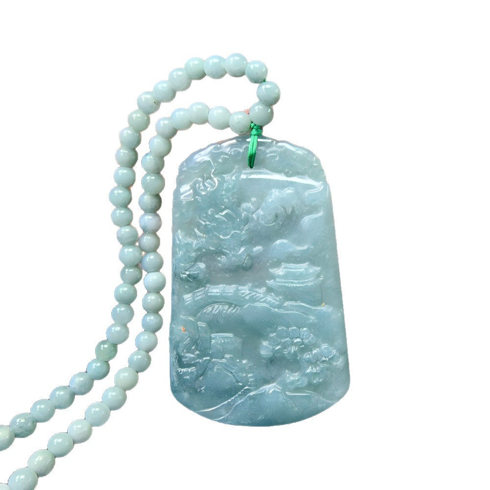 Certified blue water jadeite landscape pendant front product view