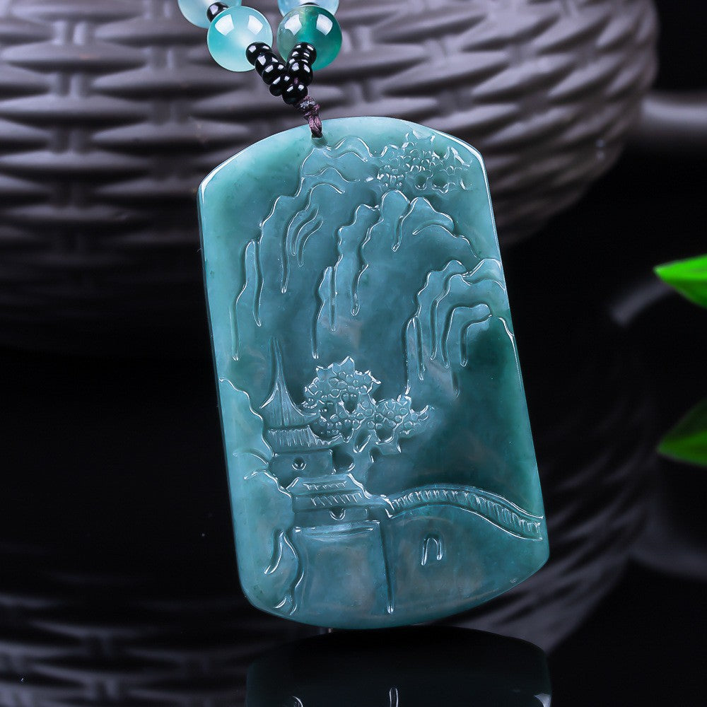 Certified natural Grade A blue water jadeite landscape pendant with mountain pavilion carving
