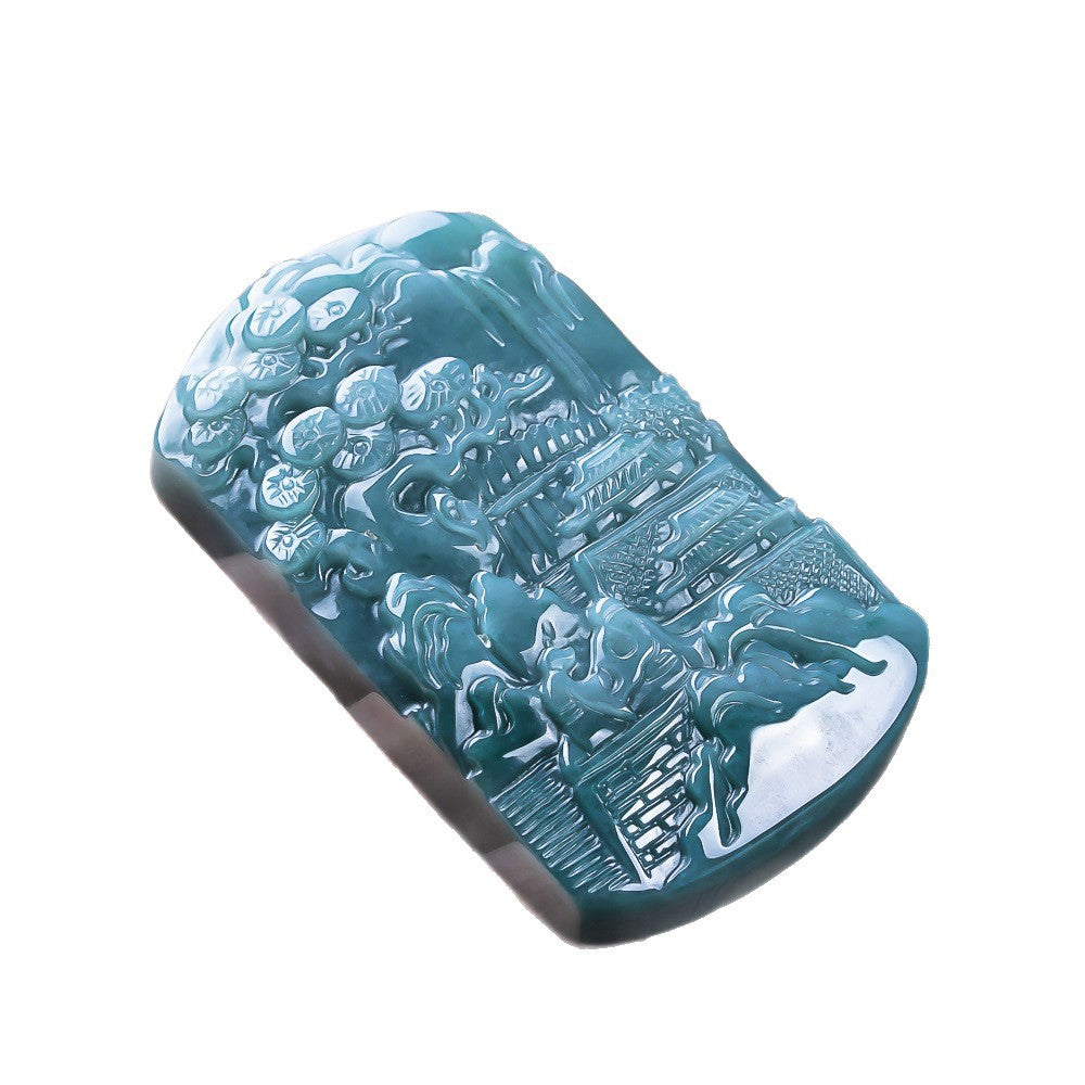 Blue green jadeite scenic plaque showing pine tree pavilion and mountain relief