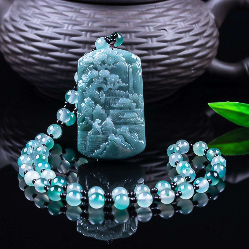 Natural Grade A jadeite landscape pendant polished surface detail