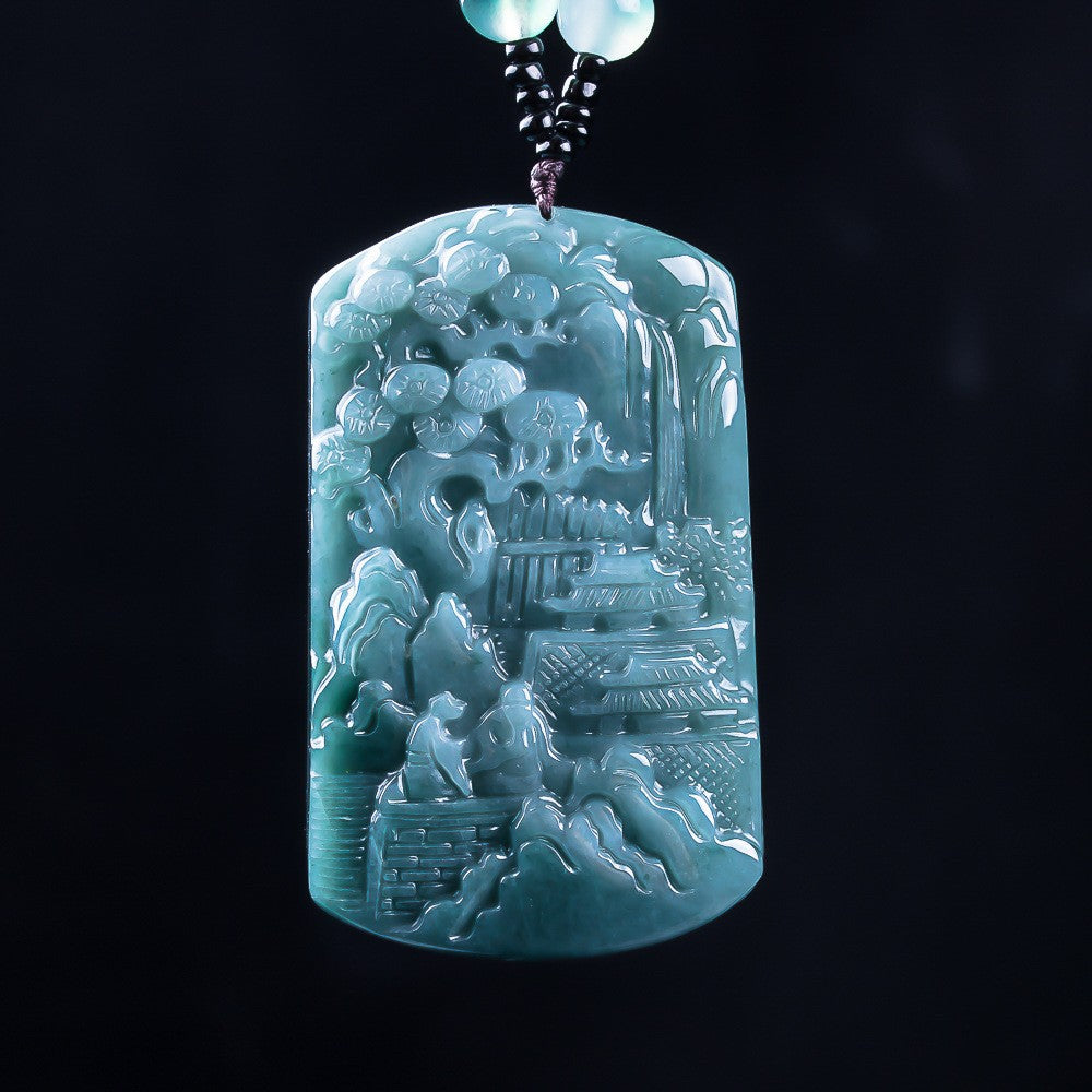 Certified jadeite landscape pendant 60.5 millimeter carved plaque