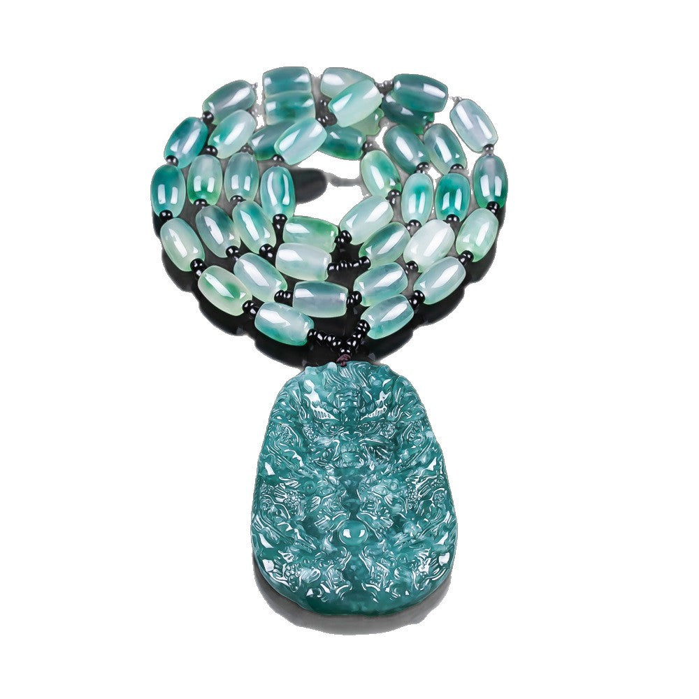 Certified natural Grade A blue water jadeite nine dragon pendant with jade bead cord