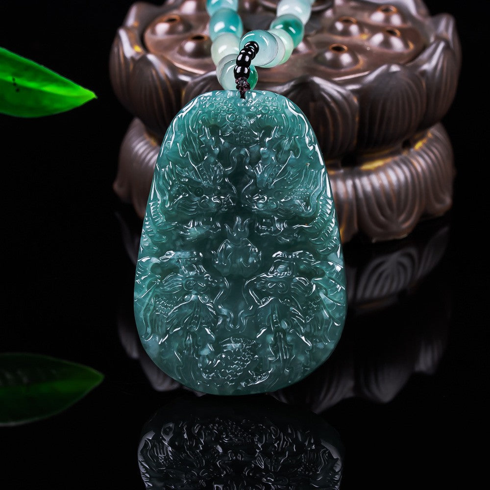Certified double-sided jadeite nine dragon pendant with bead necklace