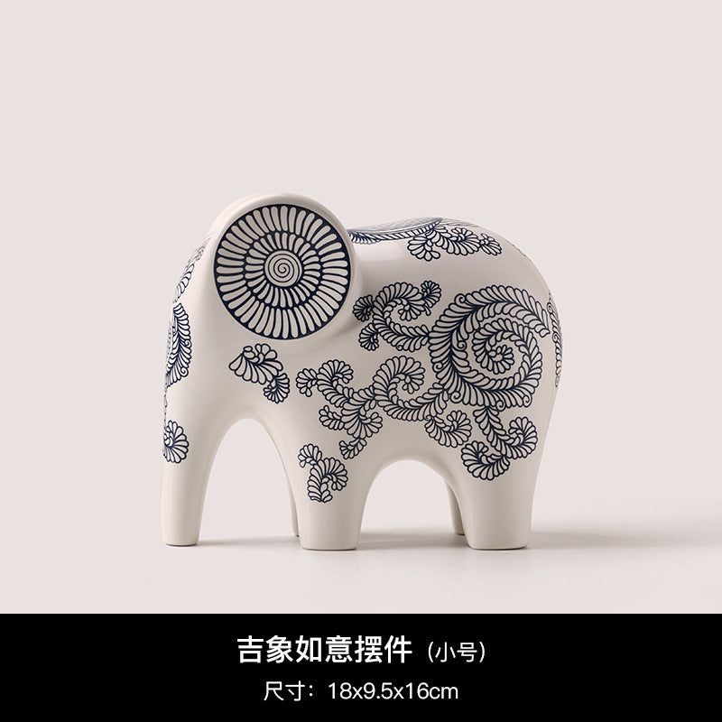 Small blue white patterned ceramic elephant ornament