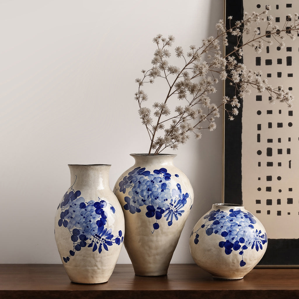 Blue and white wisteria ceramic vase collection in New Chinese interior