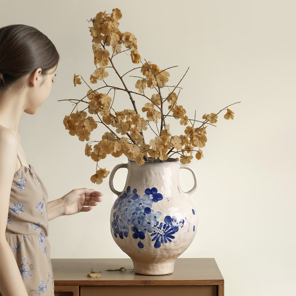 Chinese floral ceramic art vase close view