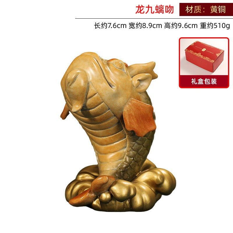 Yellow brass Chiwen 螭吻 ninth Son of the Dragon roof guardian sculpture, approximately 7.6cm long 9.6cm high and 510g