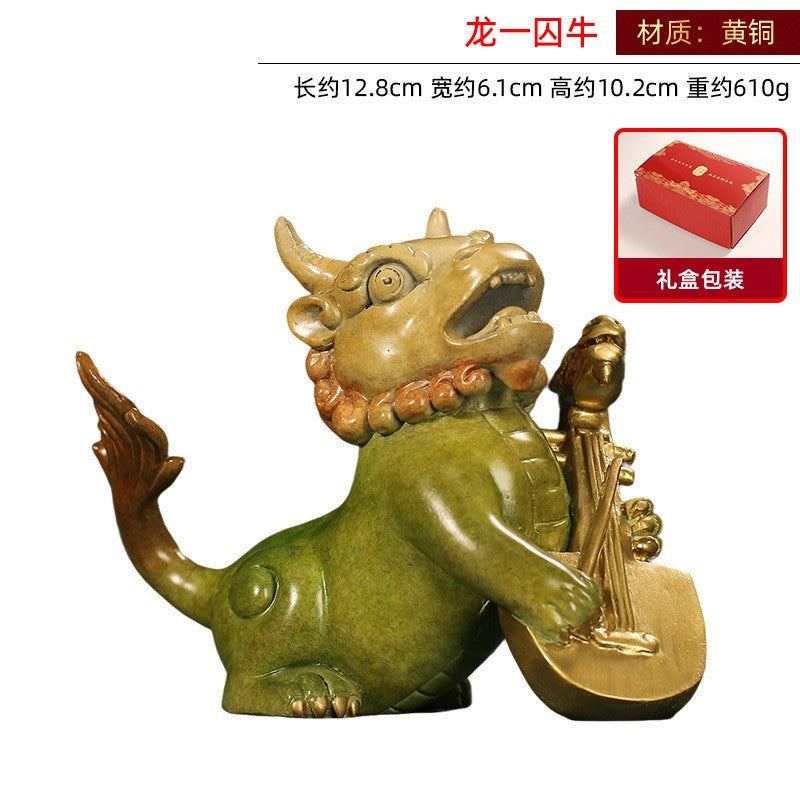 Yellow brass Qiuniu 囚牛 first Son of the Dragon sculpture with musical instrument, approximately 12.8cm long