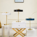 Regent Brass Drum Shade Table Lamp – 43cm Black, White & Deep Blue Mid-Century Designer Light