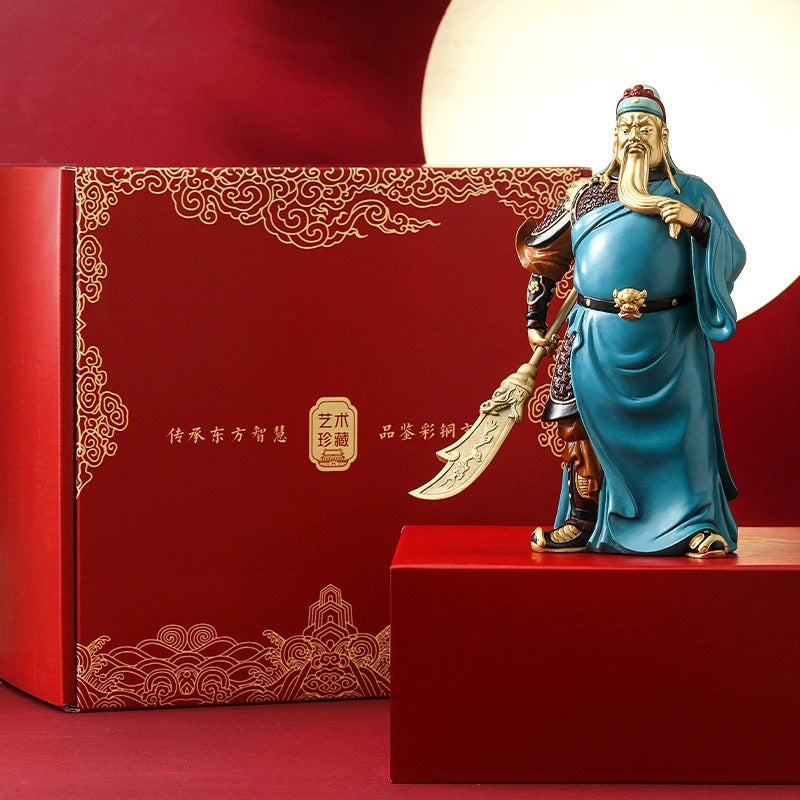 Guan Yu brass martial God of Wealth sculpture beside premium red gift box for business opening and executive gifting