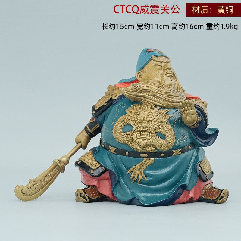 Painted brass Guan Yu Guan Gong martial God of Wealth sculpture holding guandao Chinese office decor